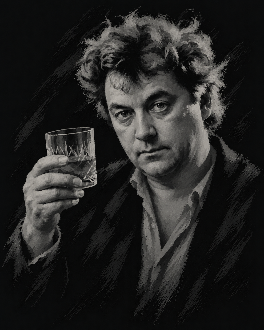 Jackie Leven with glass, circa 2000 · Illustration