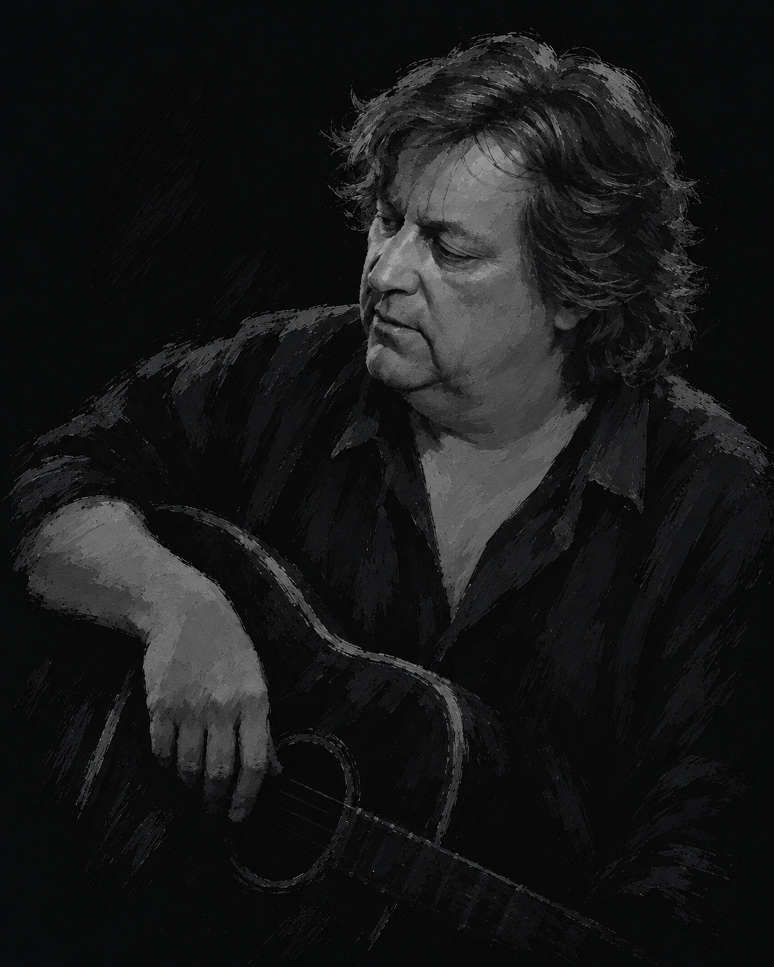 Jackie Leven mit Gitarre, um 2006 · Illustration