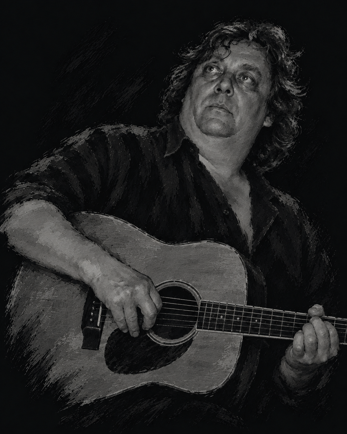 Jackie Leven mit Gitarre, um 2008 · Illustration