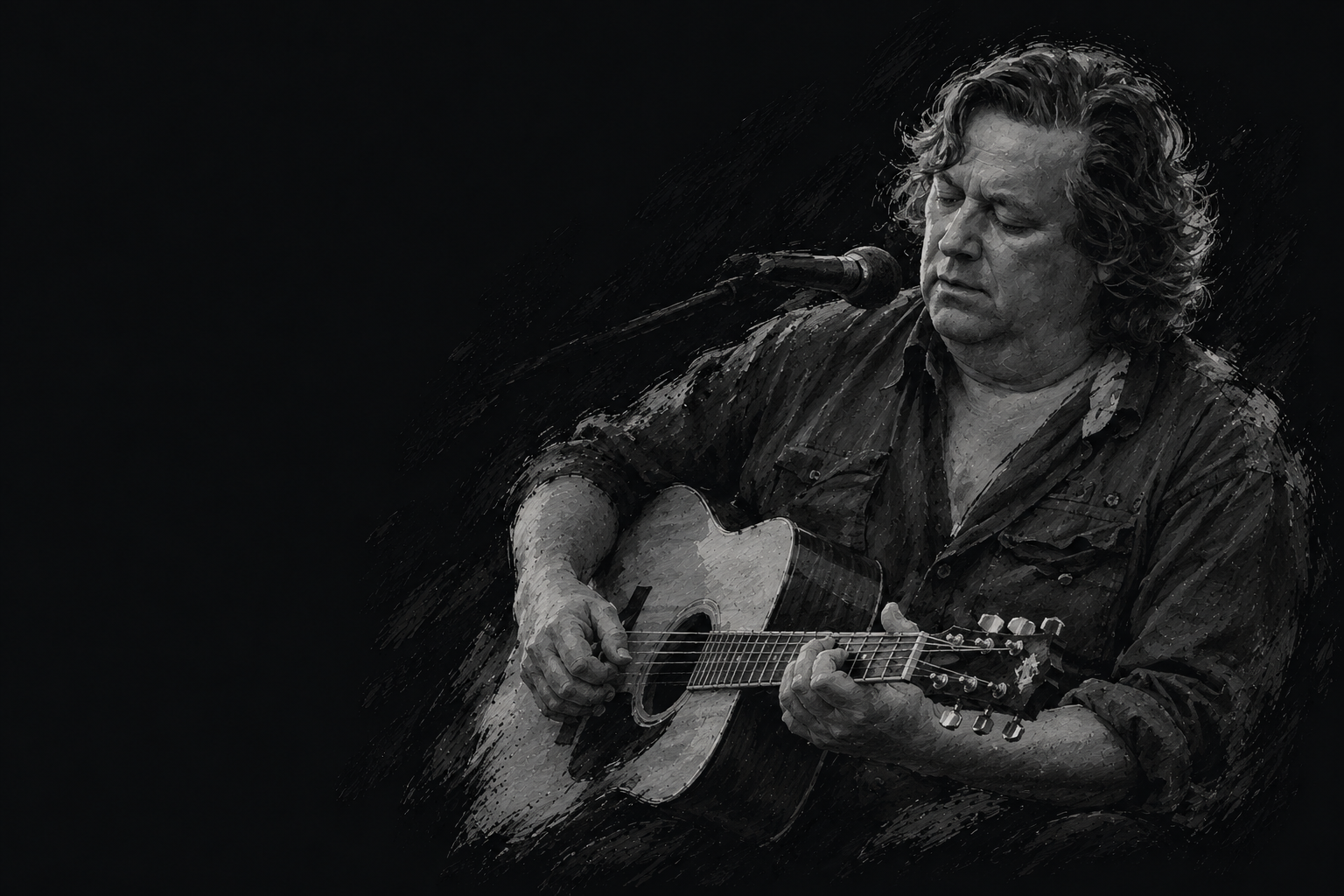 Jackie Leven at the microphone, absorbed in playing his guitar.